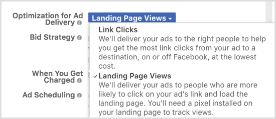Optimizuokite „Facebook“ skelbimų pristatymą nukreipimo puslapio peržiūroms.