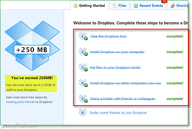 „Dropbox“ ekrano kopija - greitai apdovanota 250 MB vietos