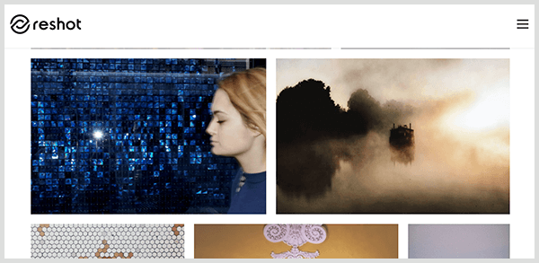 „Reshot“ yra nuotraukų svetainė su kuruotais vaizdais. Nuotraukų bibliotekos ekrano kopija „Reshot“ svetainėje apima baltos moters su šviesiais plaukais profilį prieš blizgančią mėlyną plytelę ir miglotą kraštovaizdį su siluetu apsodintais medžiais.