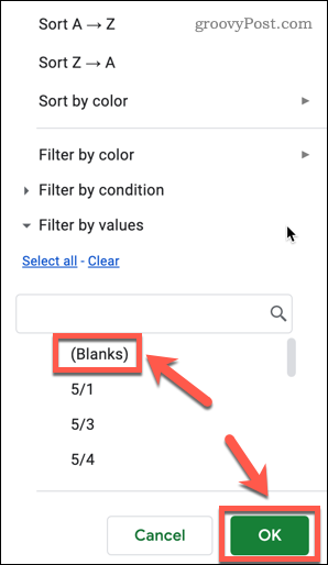 Tuščių filtravimas „Google“ skaičiuoklėse