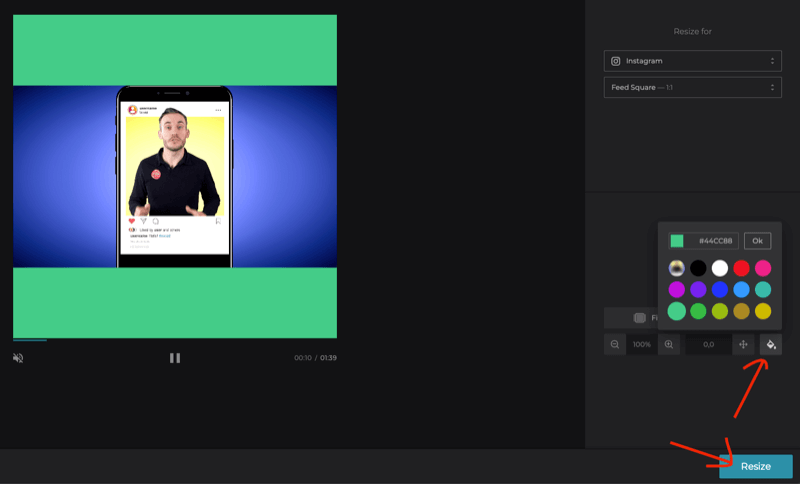 „Clideo Online Video Resizer“ pasirinkite kvadratinio vaizdo įrašo fono spalvą