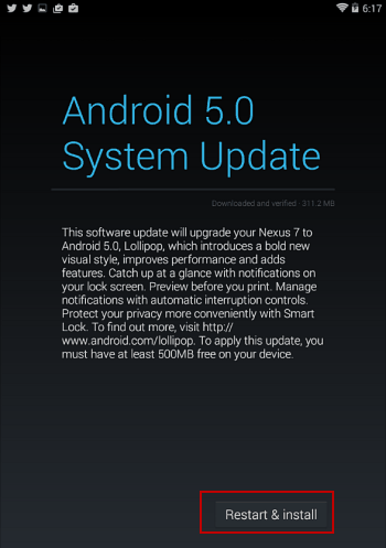 iš naujo paleiskite „Nexus 7“ ir įdiekite „Android 5“
