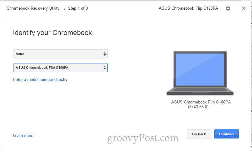 „chromebook“ atkūrimo įrankis - pasirinkti modelį