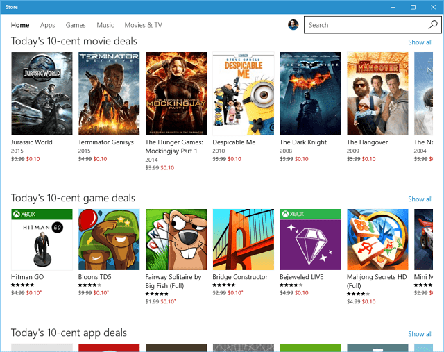 „Windows Store“ 10 centų pasiūlymai