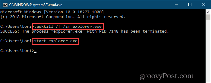 Užmuškite „explorer.exe“ procesą ir paleiskite jį iš naujo komandinėje eilutėje „Windows 10“