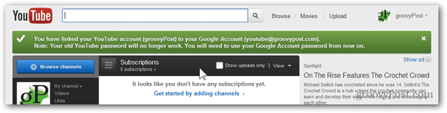 Susiekite „YouTube“ paskyrą su nauja „Google“ paskyra - patvirtinimas - paskyra perkelta