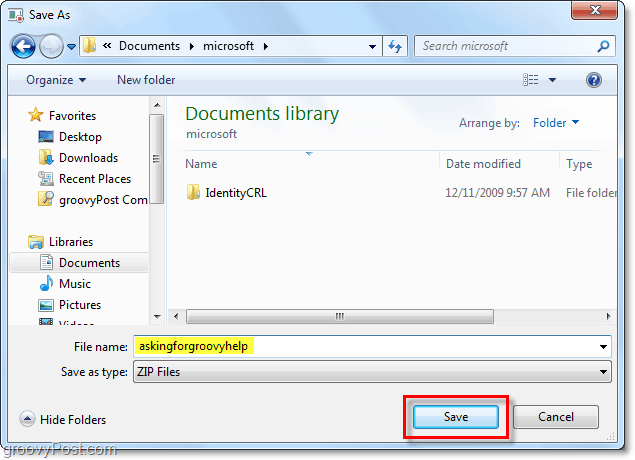 išsaugokite ką tik įrašytą „Windows 7“ failą 