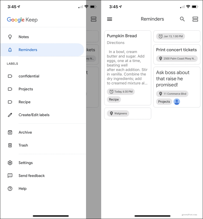 Visi priminimai „Google Keep Mobile“