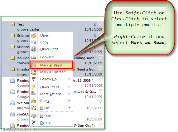pasirinkite kelis el. laiškus ir pažymėkite kelis el. laiškus kaip perskaitytus ar neskaitytus „Outlook Office 2010“