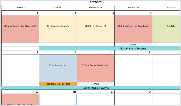 socialinės žiniasklaidos kalendoriaus spalvų kodavimas