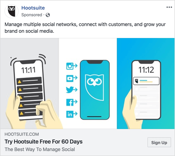 Pranešimai „Hootsuite“ „Facebook“ skelbime yra aiškūs ir glausti. 