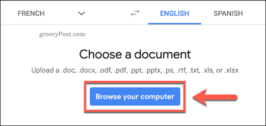 Mygtukas Naršykite savo kompiuterį „Google Translate“ svetainėje