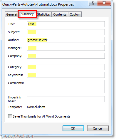 Santraukos skirtukas leidžia redaguoti išplėstines dokumento ypatybes programoje Word 2010