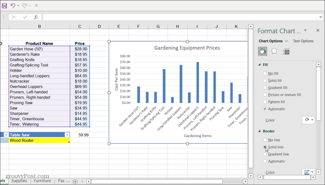  Formatavimo diagramos parinkčių meniu Excel