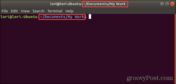 Terminalo langas, atidarytas konkrečiame „Ubuntu Linux“ aplanke