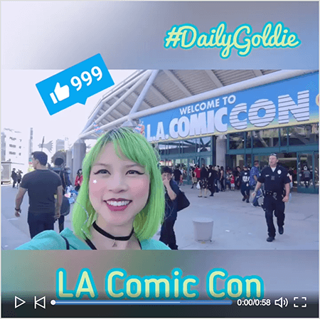 Tai „Goldie Chan LinkedIn“ vaizdo įrašo ekrano kopija su starterio ekranu. Vaizdo įrašas buvo nufilmuotas horizontaliai išmaniajame telefone ir virto kvadratiniu vaizdo įrašu su neryškia pašto dėžute virš ir po vaizdo įrašu. Pradiniame vaizdo įraše Goldie rodoma prieš „LA Comic Con“ konferencijų centrą. Goldie pasirodo nuo pečių į viršų. Ji azijietė žaliais plaukais. Ji dėvi makiažą, juodus kaklo vėrinius ir turkio spalvos marškinius. Pašto dėžutės srityje virš vaizdo įrašo „#DailyGoldie“ pasirodo šviesiai žaliu scenarijaus šriftu su turkio spalvos kontūru. „LinkedIn Like“ piktograma su skaičiumi 999 rodoma mėlyname laukelyje virš Goldie galvos. Pašto dėžutės srityje po vaizdo įrašu „LA Comic Con“ pasirodo šviesiai žaliu „san serif“ šriftu su turkio spalvos kontūru.