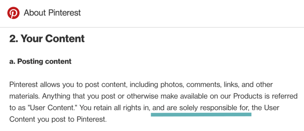„Pinterest“ terminai aiškiai sako, kad esate atsakingas už savo paskelbtą vartotojo turinį.