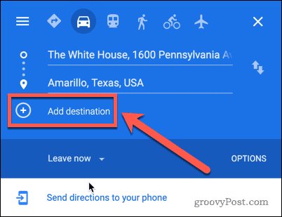 „Google Maps“ mygtukas Pridėti paskirties vietą