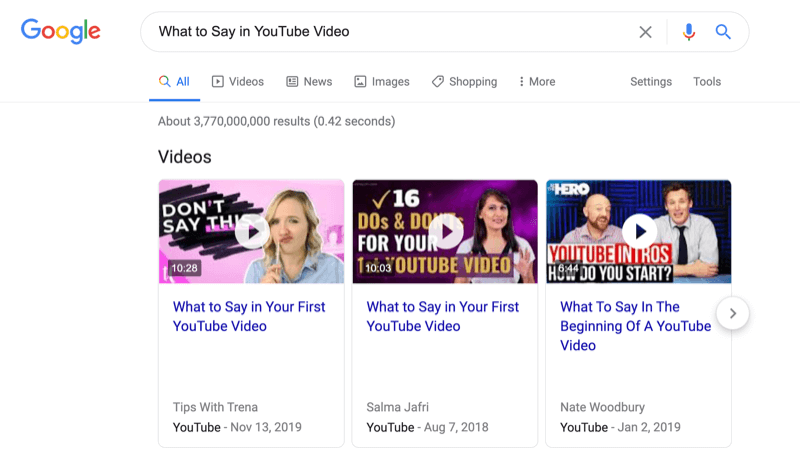 „Google“ paieškos ekrano kopija, ką pasakyti „youtube“ vaizdo įraše, pažymint vaizdo įrašų paieškos rezultatus