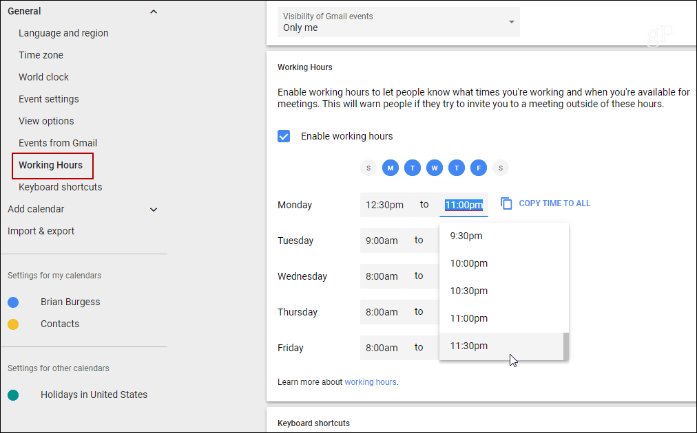Nustatykite atskirų „Google“ kalendoriaus dienų darbo valandas