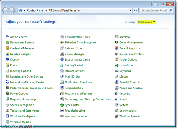 „Windows 7“ valdymo skydelis automatiškai rodomas mažose piktogramose
