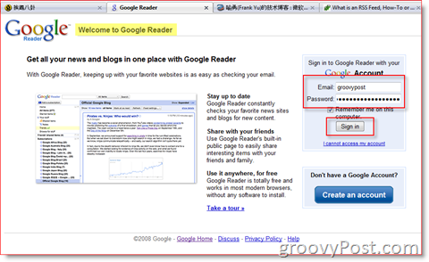 „Google Reader“ prisijungimo puslapis:: groovyPost.com