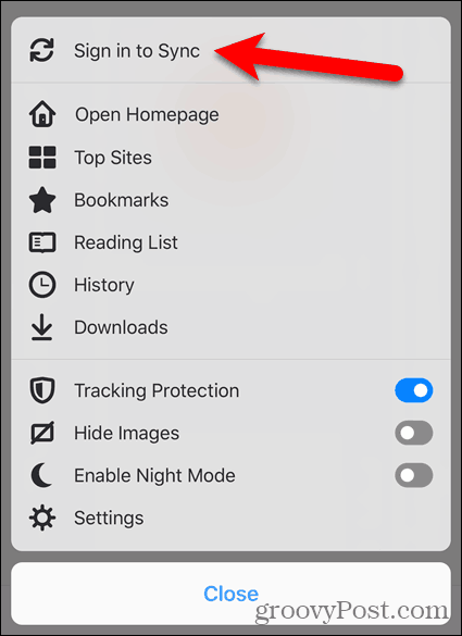 Bakstelėkite Prisijungti prie sinchronizavimo naudojant „Firefox“, skirtą „iOS“