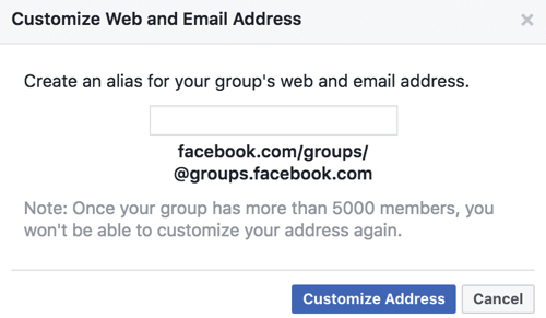 Gaukite „Facebook“ grupės pasirinktinį URL ir el. Pašto adresą.