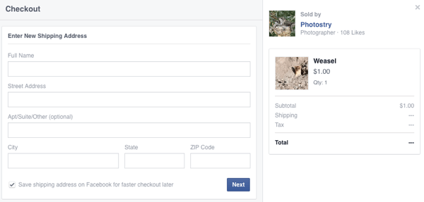 klientas įveskite pristatymo informaciją pirmuoju „Facebook“ pirkimu