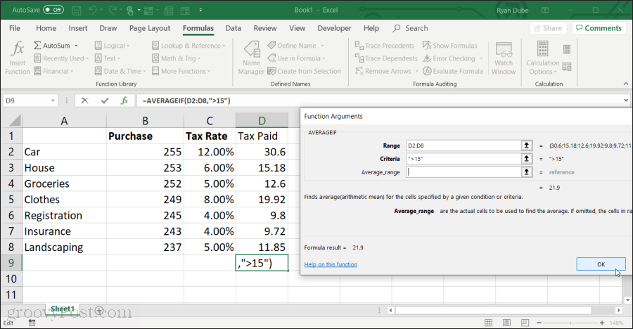 Naudojant „hte“ vidurkio funkciją „Excel“