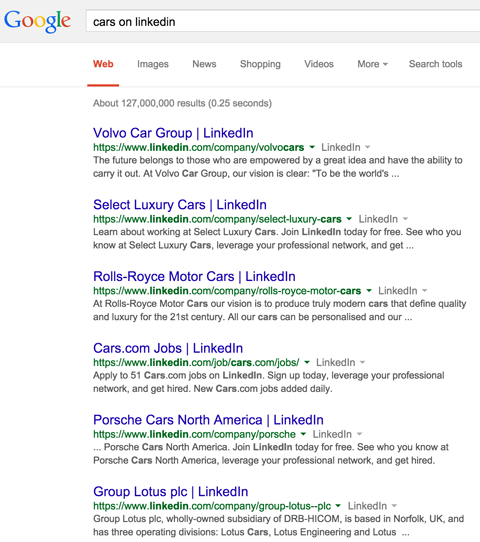 „linkedin“ įmonės puslapyje pateikiami „Google“ paieškos rezultatai automobiliams, esantiems linkedin