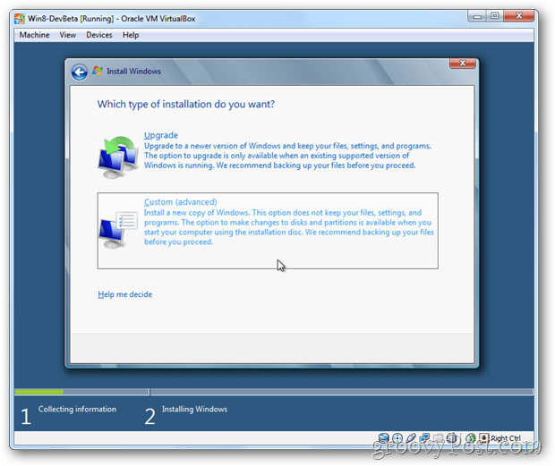 „VirtualBox Windows 8“ pasirinkite pasirinktinį diegimą