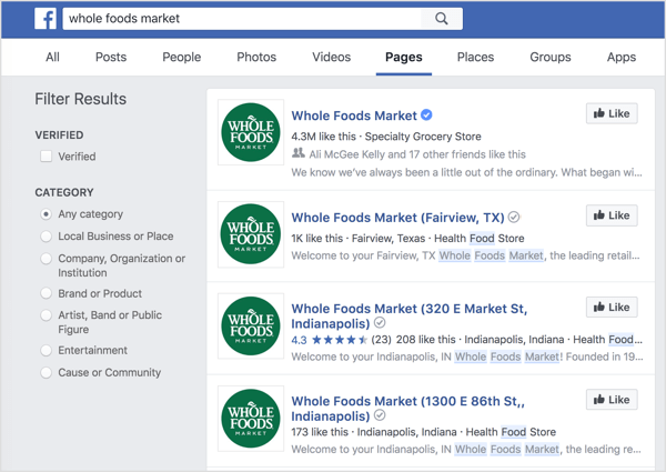 Individualūs vietovės puslapiai rodomi „Facebook“ paieškoje.