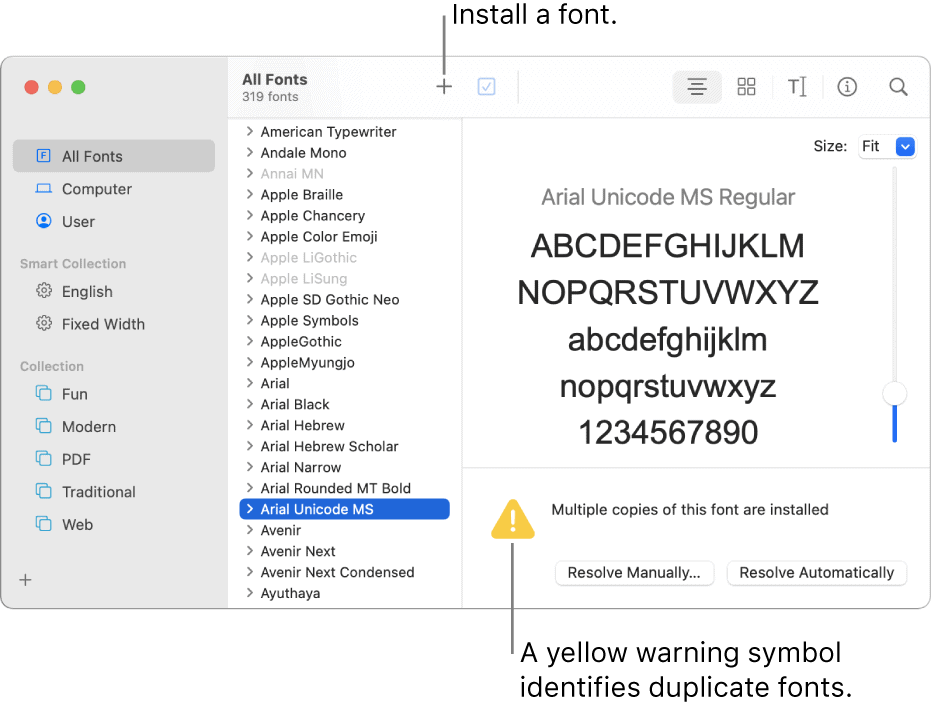 Įspėjimas apie „Mac“ geltoną šriftą