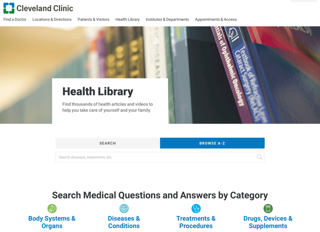 Klivlando klinikos sveikatos bibliotekos svetainės vaizdas
