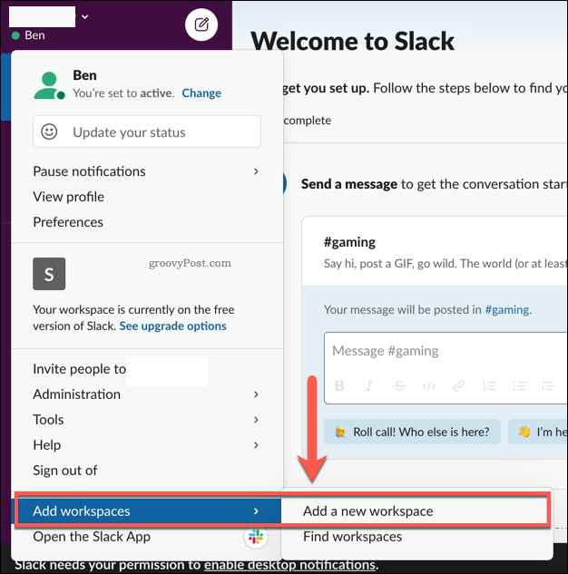 Kelių „Slack“ darbo sričių pridėjimas