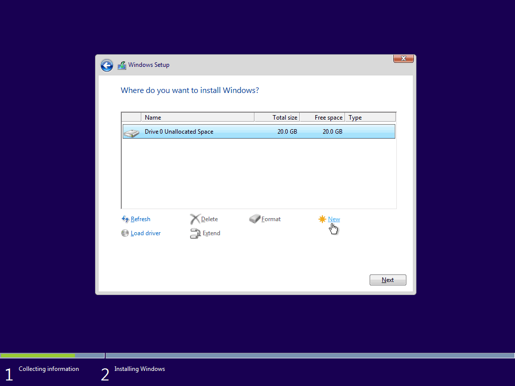 07 Sukurkite naują skaidinį iš nepaskirstytos vietos 5 „Windows 10“ švarus diegimas