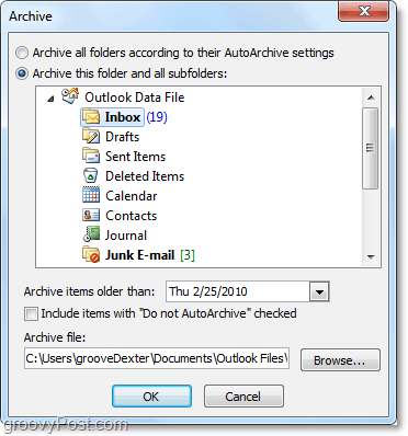 rankinio archyvo nustatymai programoje „Outlook 2010“