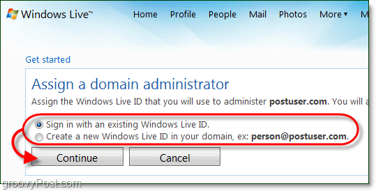 sukurti „Windows Live“ domeno administratoriaus abonementą arba naudoti esamą tiesioginę paskyrą