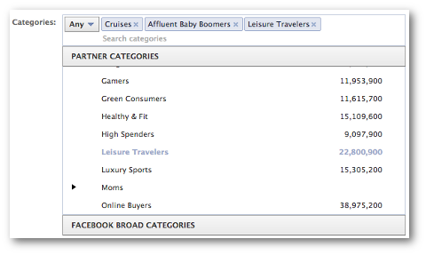 pasirinkite „facebook“ partnerių kategorijas