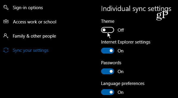 „Windows 10“ individualūs sinchronizavimo nustatymai