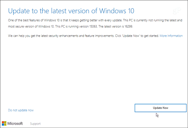 atnaujinti asistentą „Windows 10“