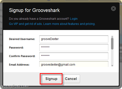 „Grooveshark“ registracijos procesas