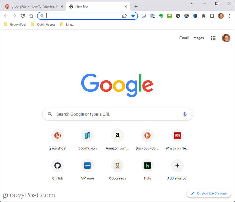 Numatytasis naujo skirtuko puslapis naršyklėje „Chrome“.
