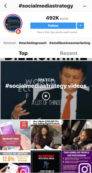 Kaip strategiškai išplėsti savo „Instagram“, atlikite 11 veiksmą, raskite atitinkamus įrašų pavyzdžius, ieškokite „#socialmediastrategy“ vaizdo įrašų pavyzdžių