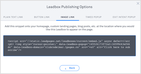 „LeadPages“ „Leadbox“ skelbimo kodas 