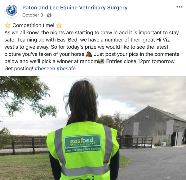„Facebook“ įrašo su Patono ir Lee arklių veterinarijos chirurgų konkurso pavyzdys.