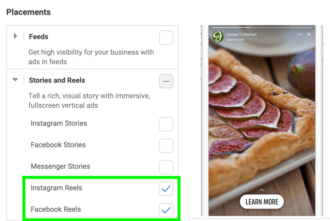 Stories and Reels skelbimų vietų vaizdas Meta Ads Manager