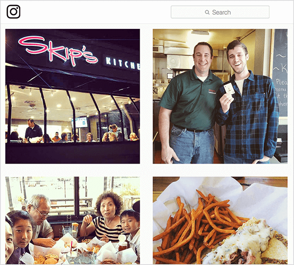 Tai yra „Instagram“ nuotraukų, pažymėtų #skipsdiner, ekrano kopija. Vienas rodo restorano išorę, vienas rodo vyrą, turintį kortelę, tarsi laimėjęs „Joker“ žaidimą, vienas - šeimą, valgančią prie stalo, ir vieną - maisto produktus, kuriuos kažkas užsisakė. Jay Baeris sako, kad „Joker“ žaidimas yra pokalbio paleidimo pavyzdys.