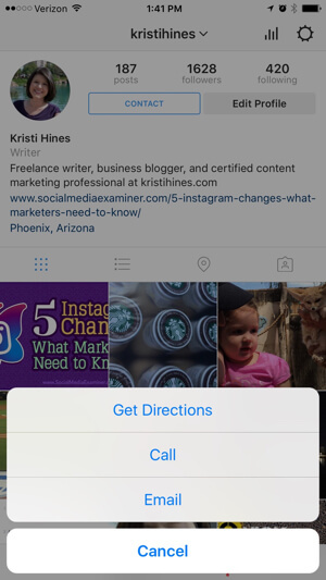 „instagram“ verslo profilio susisiekimo parinktys